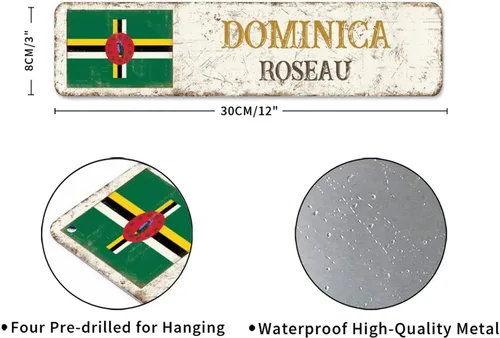 Vista 2 de Roseau - Letreros de metal personalizados con bandera de Dominica, letrero de metal con diseño de Capital Country City Souvenir Dominica-Roseau