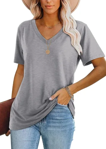 Vista 2 de Donnalla Paquete de 2 camisetas básicas de manga corta con cuello en V para mujer, color sólido