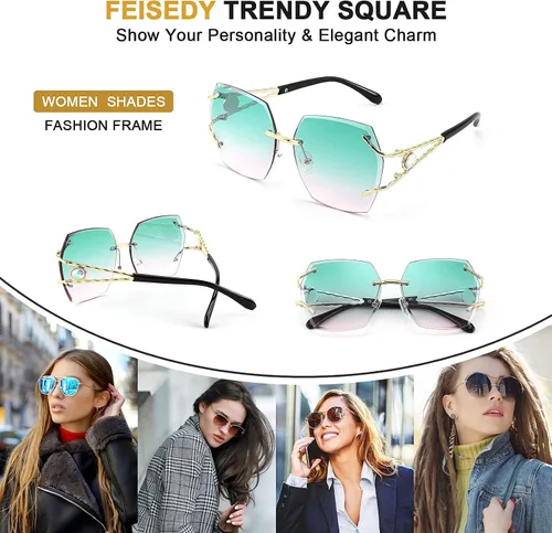 Vista 5 de FEISEDY Gafas de sol de gran tamaño sin montura B2768 para mujer lentes de sol cuadradas de corte de diamante