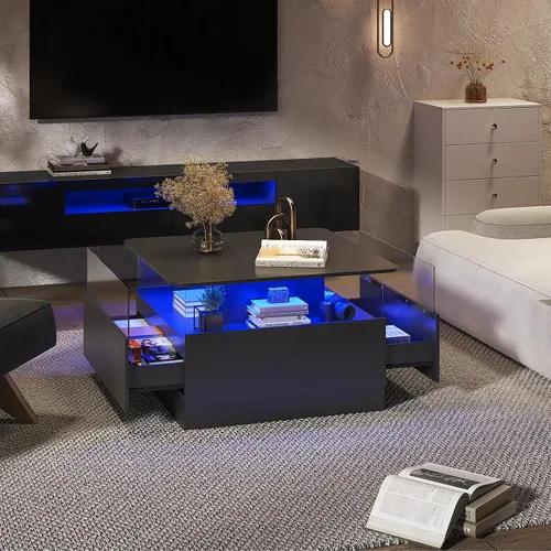 Vista 6 de HedoAjim Mesas de centro cuadradas con almacenamiento, mesa de centro moderna para sala de estar, mesas de centro redondas negras y 2 cajones Negro