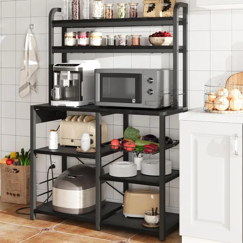 Vista 3 de GAOMON Estante para panaderos con toma de corriente, estante de cocina con cesta de alambre, soporte para microondas con grandes estantes