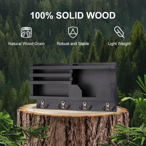 Vista 6 de Lwenki Organizador de Correo y Llavero para Pared - Organizador Decorativo de Entrada de 15.9" x 8.7" x 3.2" con Estante - Madera de Paulownia con 4