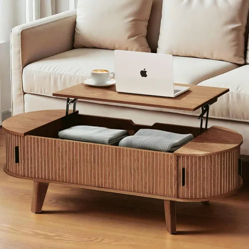 Vista 14 de Mesa auxiliar ovalada con almacenamiento, de madera acanalada de 47 pulgadas, moderna mesa de centro de mediados de siglo para sala de estar