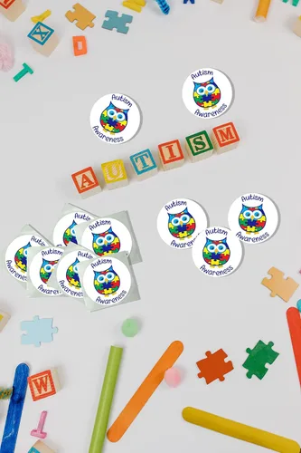 Vista 2 de 250 calcomanías de búho para concientización sobre el autismo, rollo de calcomanías de concientización sobre el autismo de Asperger