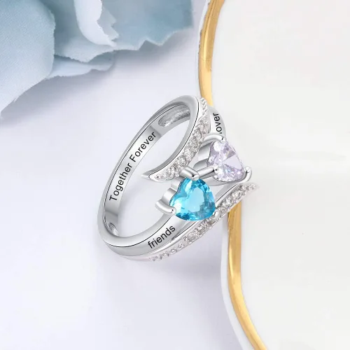 Vista 5 de Anillos de promesa de plata fina 925 Zomodia para ella, anillos personalizados para madres con 2 piedras de nacimiento de imitación, joyería