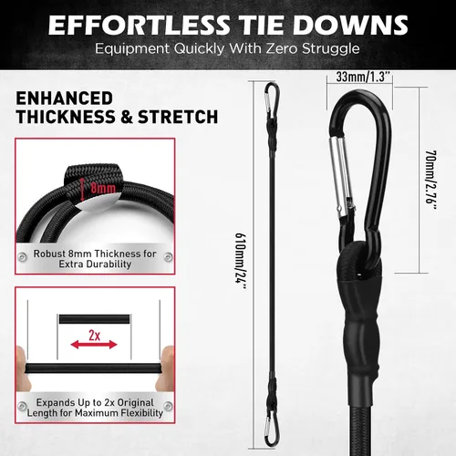 Vista 2 de 5 cuerdas elásticas de 24 pulgadas con ganchos de mosquetón, correas elásticas de goma resistentes, cuerda elástica con clips de mosquetón