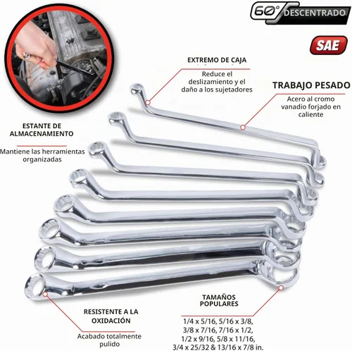 Vista 2 de Performance Tool W1085 - Juego de 8 llaves de caja SAE Offset - Mecanizado de precisión con diseño de extremo de caja de 12 puntos para un fácil