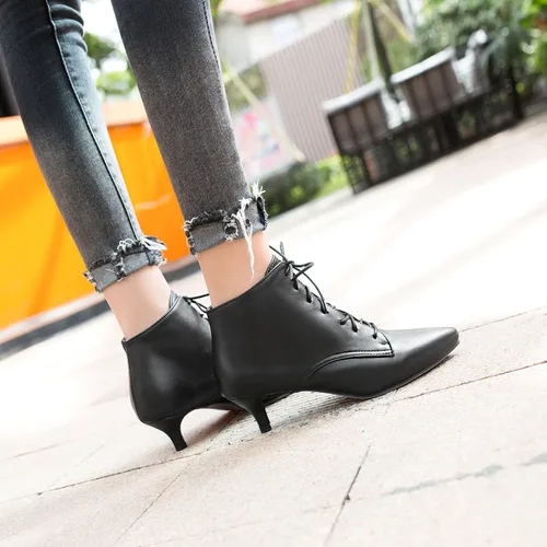 Vista 5 de SEIFIN Botines con cordones para mujer, tacón bajo y medio, con cremallera lateral, botines cortos con puntera puntiaguda