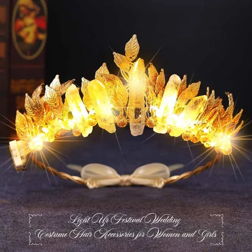 Vista 4 de Yean Diadema con luces LED doradas, corona y hojas de hadas, para mujer