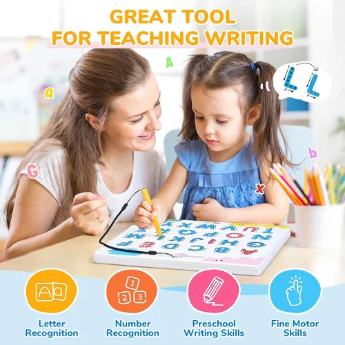 Vista 7 de JoyCat Juego de tableros magnéticos de letras y números para trazar, tablero doble cara de alfabeto y números para niños pequeños, práctica de ABC