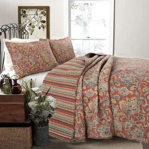 Vista 9 de Cozy Line Home Fashions Juego de ropa de cama acolchada reversible de 3 piezas, 100% algodón, rojo verde, estilo cottage floral francés campestre