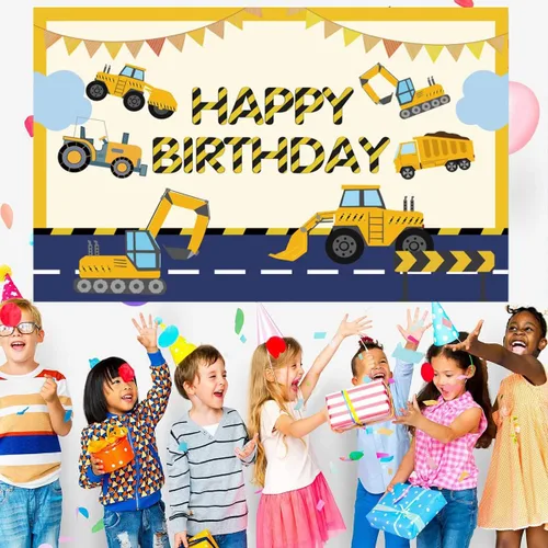 Vista 4 de Decoración de feliz cumpleaños con temática de construcción, excavadora, camión, camión volquete, grúa, telón de fondo de fotografía para niños