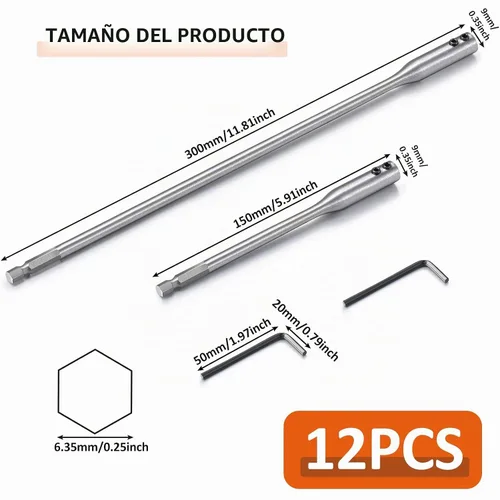 Vista 2 de Extensión de broca 6, broca de acero al carbono de 12 pulgadas con llave inglesa para torneadores de madera, accesorios de construcción (12 piezas)
