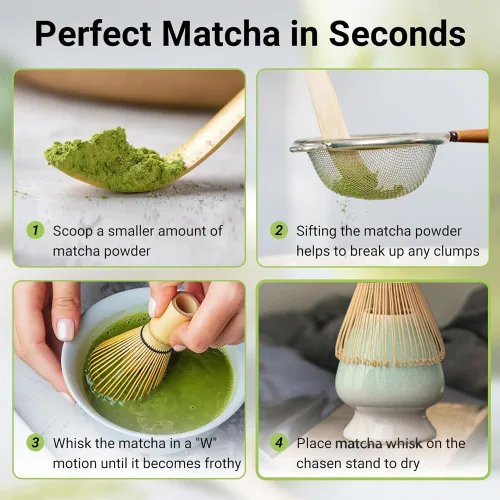 Vista 4 de Juego de té Matcha prémium para principiantes y entusiastas – Kit ceremonial completo con batidor de bambú (Chasen), cuchara, cuenco y cuchara