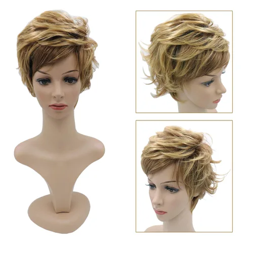 Vista 4 de 7.9 in Niñas Moda Corto Suelto Grande Rizado Cabello Mujeres Cosplay Peluca De Oro