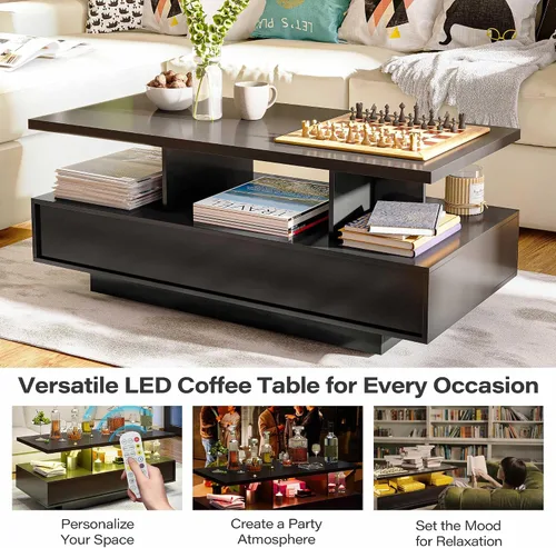 Vista 5 de LAUSAINT HOME Mesa auxiliar LED con almacenamiento, moderna mesa de centro iluminada de 2 niveles con aplicación y control remoto, más de 60,000