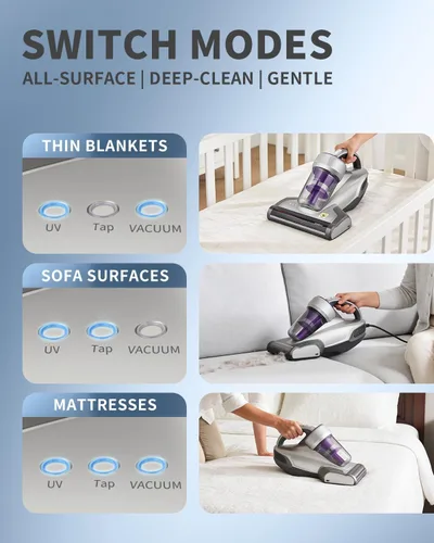 Vista 5 de Jimmy Aspiradora de colchón, aspiradora de cama antialergénica con luz UV-C y tecnología de alta temperatura, aspiradora portátil de 14 kPa y 480 W