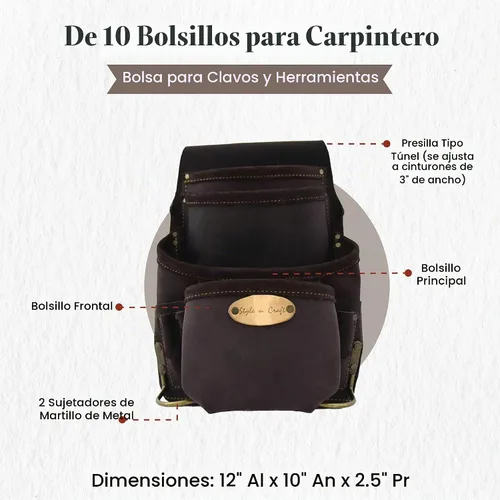 Vista 3 de Style n Craft Bolsa de herramientas y uñas de carpintero de 10 bolsillos, bolsa de herramientas de cuero resistente, perfecta y duradera, bolsa