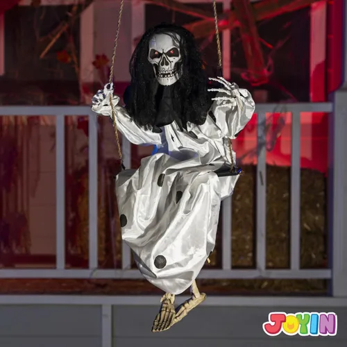 Vista 7 de JOYIN 2 piezas de decoración de fantasmas colgantes de Halloween al aire libre, decoración de Halloween con ojos iluminados, espeluznante esqueleto