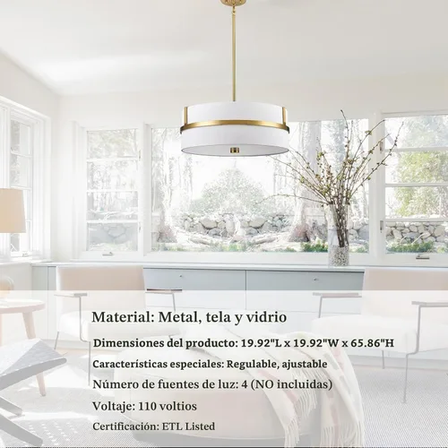 Vista 8 de HYDELITE Moderna lámpara colgante dorada de 4 luces con pantalla de lino de Dorado