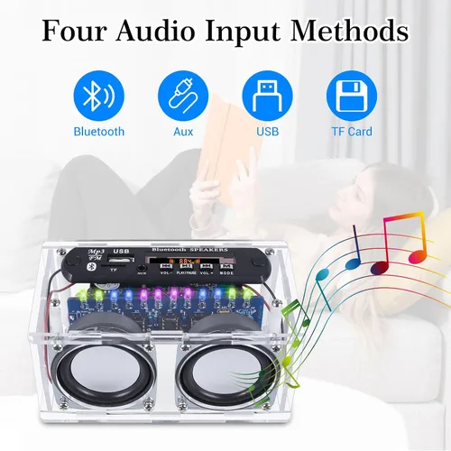 Vista 4 de Kit de altavoces compatible con Bluetooth, función de grabación, kit de práctica de soldadura de radio FM con espectro LED, soporte