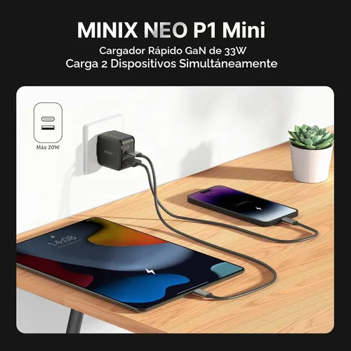 Vista 3 de MINIX P1 Mini Cargador USB C de 30 W, Cargador GaN de 33 W PPS de 2 Puertos con 1 Puerto USB-C, 1 Puerto USB-A con Enchufe Plegable, Compatible
