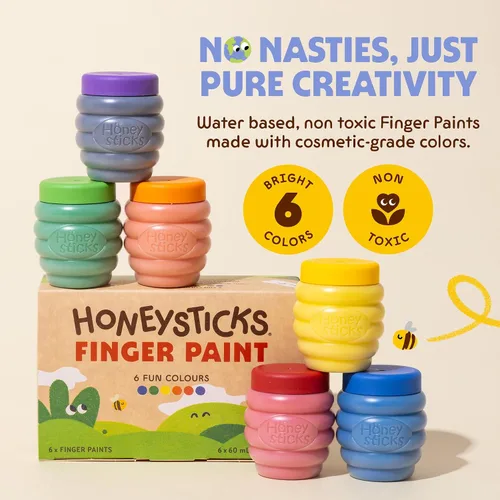 Vista 2 de Honeysticks Pintura de dedos no tóxica (6 colores brillantes), lavable de la piel, pintura segura para dedos para niños pequeños, niños de 1 a 3, 2