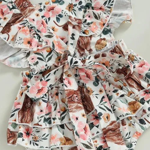 Vista 7 de Karuedoo Ropa de bebé del oeste con estampado de vaca, sin mangas, con volantes, traje de vaquera