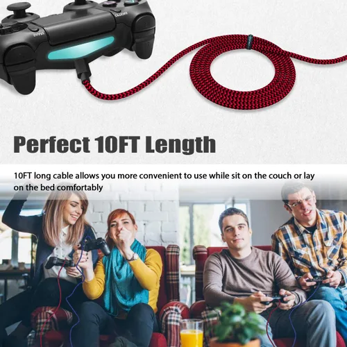 Vista 4 de Cable de carga para controlador PS4 de 10 pies, paquete de 2 cables de nailon trenzado extra largo micro USB 2.0 de alta velocidad compatible
