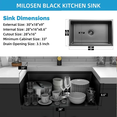 Vista 3 de MILOSEN Fregadero de cocina bajo encimera, fregadero de estación de trabajo de acero inoxidable negro metálico de 30×18 pulgadas, fregaderos