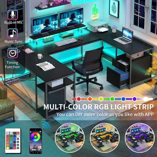 Vista 4 de YITAHOME Escritorio en Forma de U con Tomas de Corriente y Luces LED, Escritorio Reversible en Forma de L de 79" con Cajones, Escritorio de Esquina