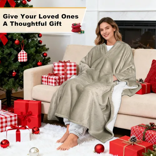 Vista 2 de Catalonia Manta Poncho Sherpa Vestible para Adultos Mujeres Hombres, Manta Capa Envolvente con Bolsillo, Cálida, Suave, Acogedora, Cómoda, Regalo