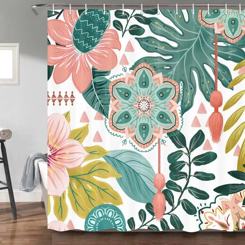 Vista 22 de Torich Cortina de ducha bohemia floral para baño, abstracta de mediados de siglo, decoración bohemia, cortinas de baño, flores botánicas, hojas