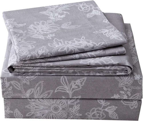 Vista 2 de FADFAY Juego de sábanas bajeras de tamaño individual color gris con estampado floral blanco con bolsillo profundo, súper suaves, de fácil cuidado