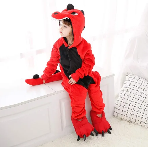 Vista 4 de Fanhong Pijama estilo mameluco de dinosaurio para niños, disfraz de Halloween, pijama para Navidad, cosplay, pijama de felpa de forro polar