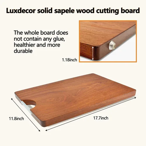 Vista 7 de Tabla de cortar de madera maciza de una pieza hecha de madera de sapele, tabla de cortar de madera dura resistente de 17.7 x 11.8 x 1.2 pulgadas