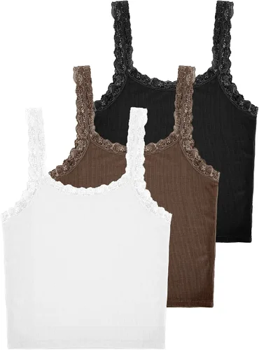 Vista 6 de Camiseta sin mangas de encaje para mujer, 3 piezas, camiseta sin mangas con encaje y ribete de encaje, Y2K