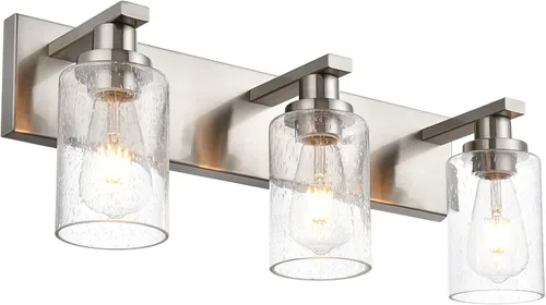Vista 9 de Luces de tocador de baño de 3 luces sobre espejo en acabado negro, iluminación de pared de baño con vidrio cilíndrico sembrado