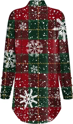 Vista 3 de Christmas Shirts, Women's Cute Tunic Long Sleeve Blouse Daily High Neck Fashion Button Christmas Print T-Shirt Tops