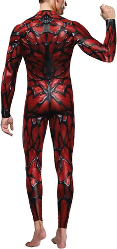 Vista 2 de Disfraz divertido de Halloween para hombre, diseño de esqueleto, overol para cosplay Negro y rojo