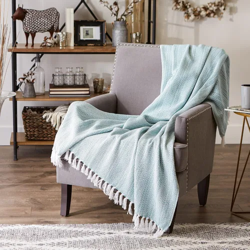 Vista 5 de DII Manta de algodón con diseño de espiga rayada, colección Herringbone, 50x60, Aqua
