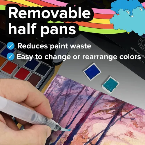 Vista 6 de Juego de pintura de acuarela profesional, 36 colores de agua, kit de pintura con paleta y pincel, pinturas de acuarela portátiles para viajes