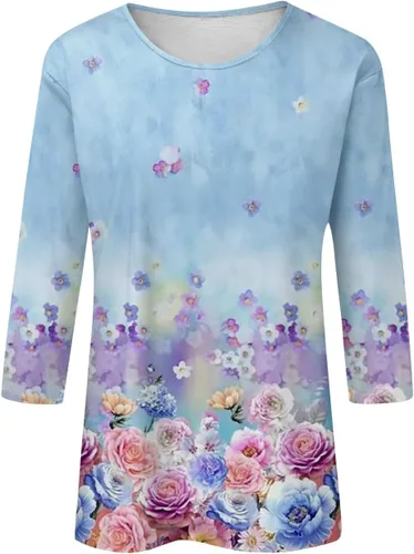 Vista 85 de Camisetas personalizadas para mujer, a la moda, casual, de séptima manga, estampada, cuello redondo, camiseta