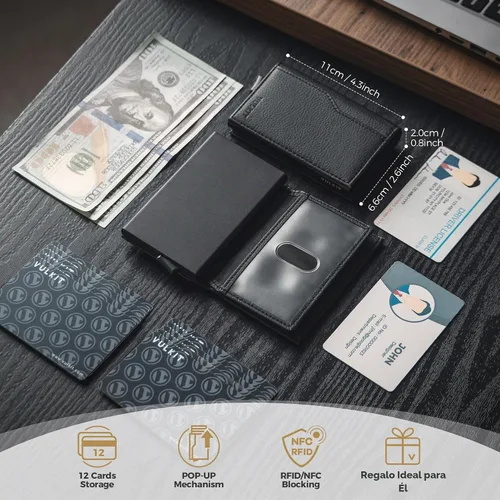 Vista 5 de Cartera con tarjetero VULKIT con bloqueo RFID, diseño minimalista, con ventanas dobles para identificación, cartera desplegable para 12 tarjetas