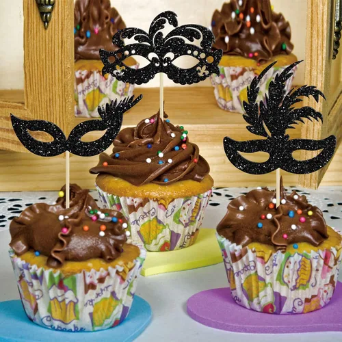 Vista 5 de Gyufise 24 máscaras de mascarada para cupcakes con purpurina para despedida de soltera, para cupcakes, comida y frutas, baile de máscaras, Mardi