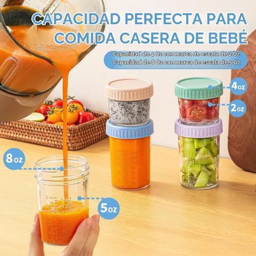 Vista 3 de DRKIO Paquete de 12 recipientes de vidrio para almacenamiento de alimentos para bebés - Frascos de comida para bebés de 4 y 8 onzas con tapas 4 oz