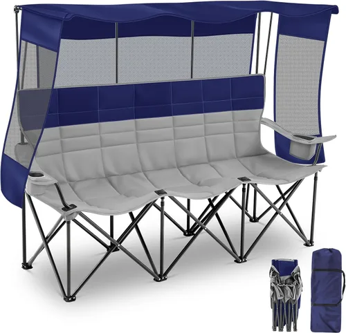 Vista 9 de Teenyyou Silla de camping para 3 personas con toldo – Silla de playa de gran tamaño con protección solar UV, sofá biplaza plegable resistente de 700