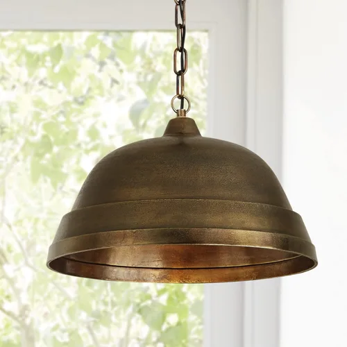 Vista 2 de Capital Lighting 330311XB Sedona - Colgante de cúpula de metal industrial de aluminio fundido en arena hecho a mano, 1 luz de 100 vatios, 12 Latón