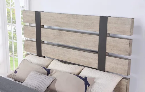 Vista 4 de Roundhill Furniture Arbela - Cama con paneles de listones de madera, tamaño Queen, roble desgastado