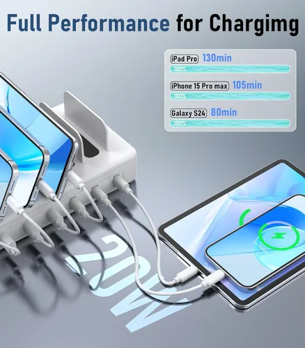 Vista 3 de Estación de carga de 96 W para múltiples dispositivos, estación de carga USB C de 6 puertos CREATIVE DESIGN con 3 PD 20 W USB-C, estación de carga